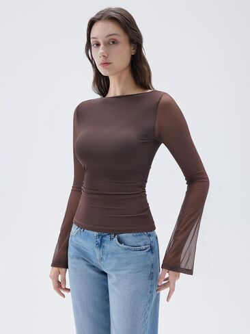 SUUKSESS Women Double Line Mesh Tops Boat Neck Long Sleeve Shirts in Saudi Arabia