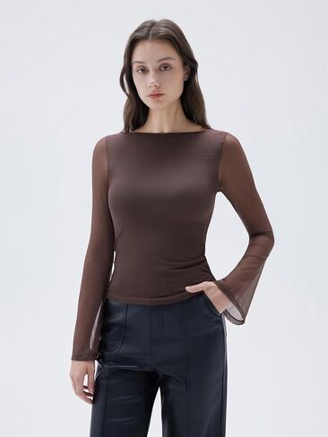 SUUKSESS Women Double Line Mesh Tops Boat Neck Long Sleeve Shirts in Saudi Arabia