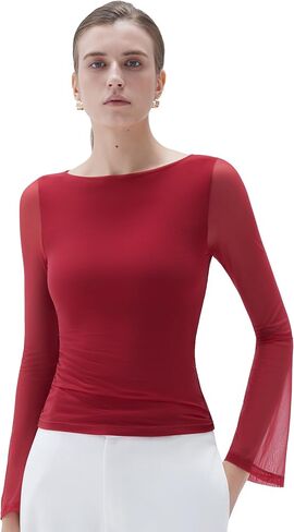 SUUKSESS Women Double Line Mesh Tops Boat Neck Long Sleeve Shirts in Saudi Arabia