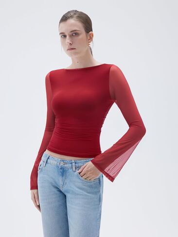SUUKSESS Women Double Line Mesh Tops Boat Neck Long Sleeve Shirts in Saudi Arabia