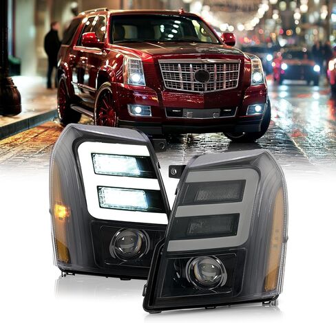 HECASA LED Projector Headlight Compatible with 2007-2014 Cadillac Escalade Xenon/HID LED Tube Day Running Light Headlamp Clear Lens Chrome Housing Replacement for GM2503291 GM2502291 in Kuwait