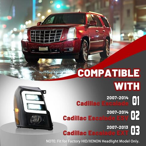 HECASA LED Projector Headlight Compatible with 2007-2014 Cadillac Escalade Xenon/HID LED Tube Day Running Light Headlamp Clear Lens Chrome Housing Replacement for GM2503291 GM2502291 in Kuwait