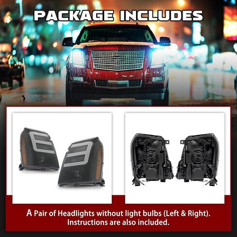 HECASA LED Projector Headlight Compatible with 2007-2014 Cadillac Escalade Xenon/HID LED Tube Day Running Light Headlamp Clear Lens Chrome Housing Replacement for GM2503291 GM2502291 in Kuwait