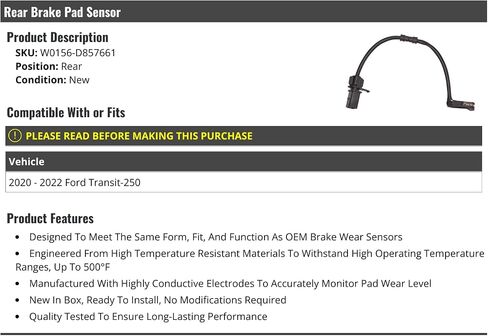 Rear Brake Pad Sensor - Compatible with 2020-2022 Ford Transit-250 in Saudi Arabia