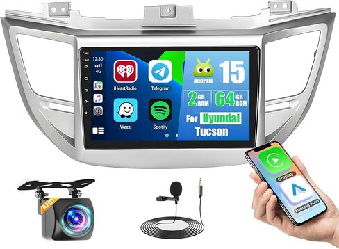 Car Stereo for Hyundai Tucson 2015 2016 2017 2018 with Wireless Apple Carplay Android Auto, 2+64G Android 13 9 Inch Touch Screen Car Radio GPS WiFi BT FM RDS Radio SWC EQ Backup Camera in Kuwait