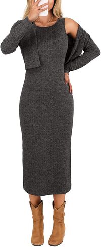 GRECERELLE Women's Fall 2 Piece Sets Long Sleeve Cropped Cardigan Split Crewneck Midi Dress (S-2XL) in Saudi Arabia