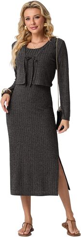 GRECERELLE Women's Fall 2 Piece Sets Long Sleeve Cropped Cardigan Split Crewneck Midi Dress (S-2XL) in Saudi Arabia