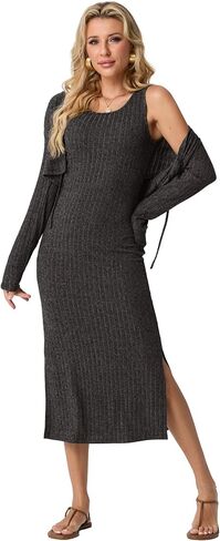 GRECERELLE Women's Fall 2 Piece Sets Long Sleeve Cropped Cardigan Split Crewneck Midi Dress (S-2XL) in Saudi Arabia