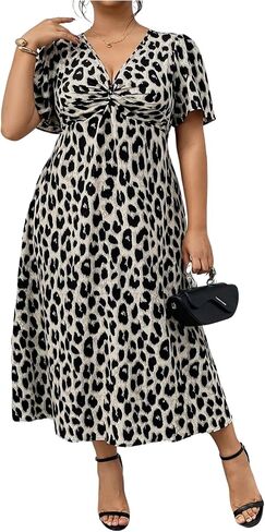 Floerns Women's Plus Size Cheetah Midi Dress Twist Front V Neck Short Sleeve A Line Dresses in Saudi Arabia