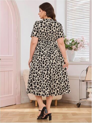 Floerns Women's Plus Size Cheetah Midi Dress Twist Front V Neck Short Sleeve A Line Dresses in Saudi Arabia
