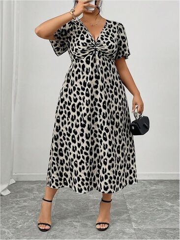 Floerns Women's Plus Size Cheetah Midi Dress Twist Front V Neck Short Sleeve A Line Dresses in Saudi Arabia