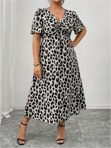 Floerns Women's Plus Size Cheetah Midi Dress Twist Front V Neck Short Sleeve A Line Dresses in Saudi Arabia