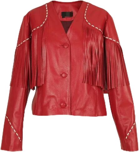 TipTop Western Womens Fringe Real Leather Jacket Regular Black - Red in Saudi Arabia