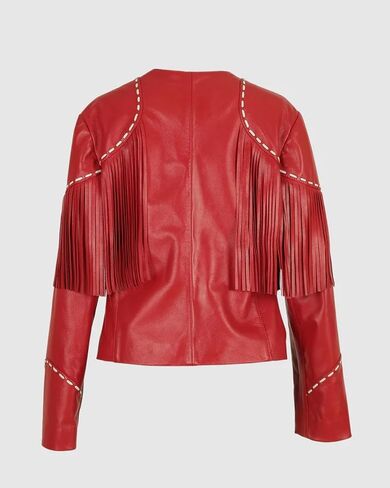 TipTop Western Womens Fringe Real Leather Jacket Regular Black - Red in Saudi Arabia