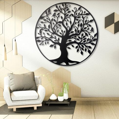 Tree of Life Metal Branch Wall Art, Black Geometric Outdoor Decor, Family Tree Sign (35"W x 35"H / 90x90cm) in Saudi Arabia