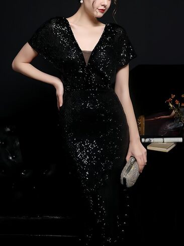 Elegant Butterfly Sleeves Evening Dresses with Glitter V Neck Sequin Mermaid Maxi Gala Gown Sparkly Formal Dress in Saudi Arabia
