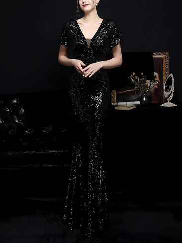 Elegant Butterfly Sleeves Evening Dresses with Glitter V Neck Sequin Mermaid Maxi Gala Gown Sparkly Formal Dress in Saudi Arabia