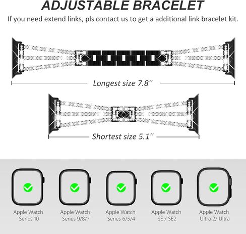 Fullife متوافق مع نطاقات Apple Watch للنساء ، Crystal Diamond Bling Metal Link Bracelet Steel Strap Series Apple Watch Series 10 42mm ، 9/8/7 41mm ، SE2/SE/6/5/4 40 مم IWATCH ، 3/2/1 38 مم (الفضة ) in Kuwait
