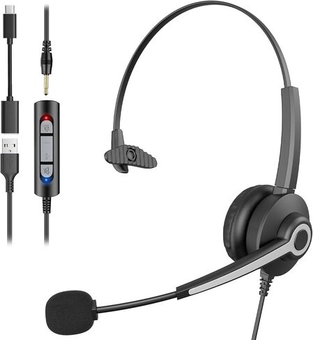 سماعات رأس USB مع MIC لجهاز الكمبيوتر المحمول للكمبيوتر الشخصي ، 3.5 مم/USB-C على سماعات كمبيوتر الأذن مع ميكروفون إلغاء الضوضاء ، في خط التحكم في مكتب التحكم ، مركز الاتصال ، اجتماع الفيديو （رمادي） in Kuwait