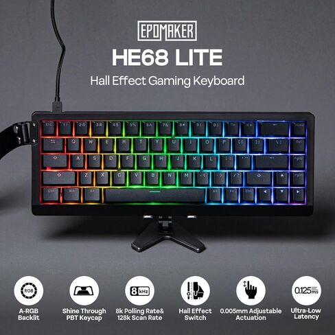 Epomaker HE68 Lite Hall Effect Affect Gaming Keyboard ، 8K استقصاء ومعدل فحص 128 كيلو ، زناد قابل للتعديل 0.01 ملم ، 0.125 مللي ثانية زمن وصول ، 5 طبقات صوتية ، مفتاح المفتاح ، SOCD ، A-RGB ، سلكية ، برنامج MAC (أسود) in Saudi Arabia