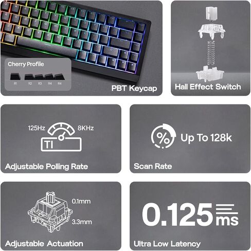 Epomaker HE68 Lite Hall Effect Affect Gaming Keyboard ، 8K استقصاء ومعدل فحص 128 كيلو ، زناد قابل للتعديل 0.01 ملم ، 0.125 مللي ثانية زمن وصول ، 5 طبقات صوتية ، مفتاح المفتاح ، SOCD ، A-RGB ، سلكية ، برنامج MAC (أسود) in Saudi Arabia