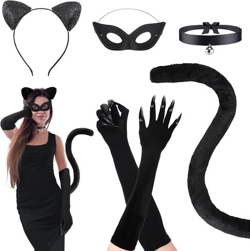 Halloween Cat Costume Accessories for Women - 5 Pcs Cute Black Mask Ears Tail Set, Cat Claw Gloves with Strong Long Nai for Adults Party Masquerade Cosplay in Kuwait