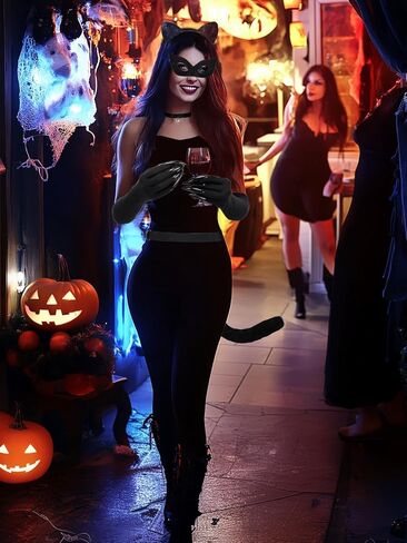 Halloween Cat Costume Accessories for Women - 5 Pcs Cute Black Mask Ears Tail Set, Cat Claw Gloves with Strong Long Nai for Adults Party Masquerade Cosplay in Kuwait