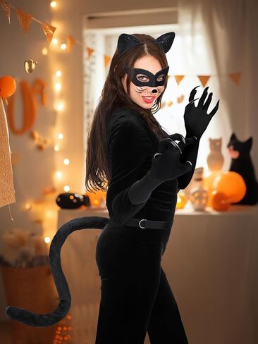 Halloween Cat Costume Accessories for Women - 5 Pcs Cute Black Mask Ears Tail Set, Cat Claw Gloves with Strong Long Nai for Adults Party Masquerade Cosplay in Kuwait
