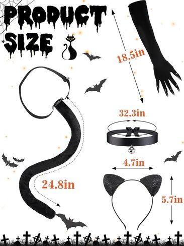 Halloween Cat Costume Accessories for Women - 5 Pcs Cute Black Mask Ears Tail Set, Cat Claw Gloves with Strong Long Nai for Adults Party Masquerade Cosplay in Kuwait
