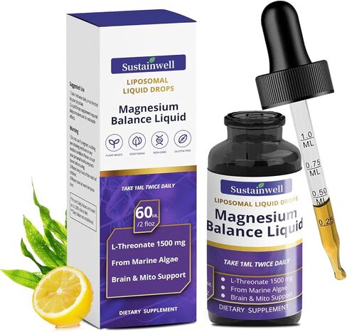 قطرات سائلة من المغنيسيوم L ثريونات 1500 مجم، مكمل للدماغ عالي الامتصاص لتركيز الذاكرة والنوم والخالي من السكر، نباتي 2.04 أونصة سائلة in Kuwait