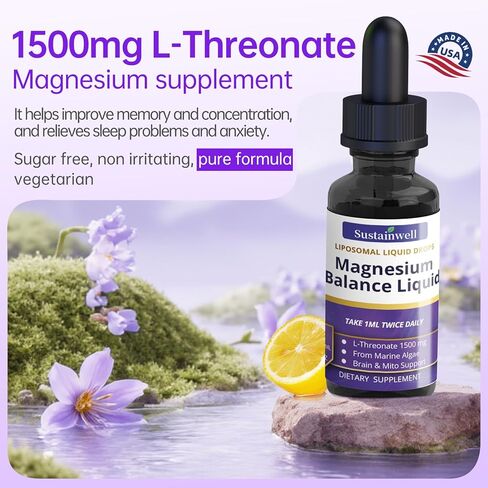 قطرات سائلة من المغنيسيوم L ثريونات 1500 مجم، مكمل للدماغ عالي الامتصاص لتركيز الذاكرة والنوم والخالي من السكر، نباتي 2.04 أونصة سائلة in Kuwait
