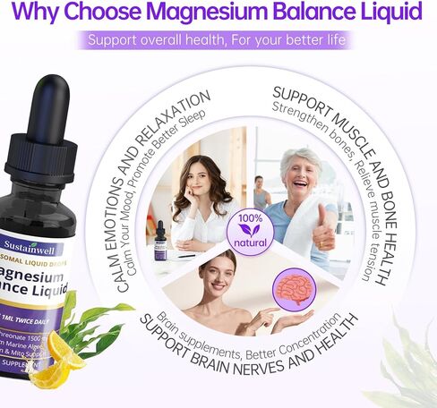 قطرات سائلة من المغنيسيوم L ثريونات 1500 مجم، مكمل للدماغ عالي الامتصاص لتركيز الذاكرة والنوم والخالي من السكر، نباتي 2.04 أونصة سائلة in Kuwait