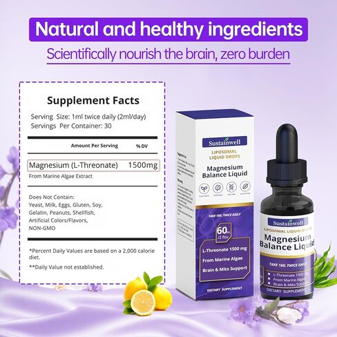 قطرات سائلة من المغنيسيوم L ثريونات 1500 مجم، مكمل للدماغ عالي الامتصاص لتركيز الذاكرة والنوم والخالي من السكر، نباتي 2.04 أونصة سائلة in Kuwait