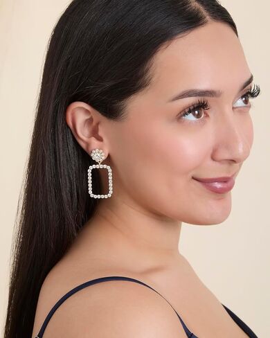 Jessica Simpson Clear Pave Crystal Rectangle Dangle Earrings for Women, Geometric Drop Earrings Gold-Tone in Saudi Arabia