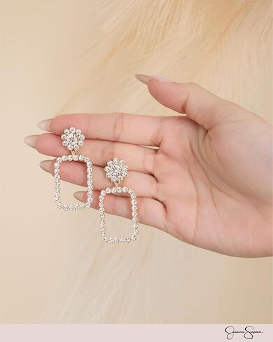 Jessica Simpson Clear Pave Crystal Rectangle Dangle Earrings for Women, Geometric Drop Earrings Gold-Tone in Saudi Arabia