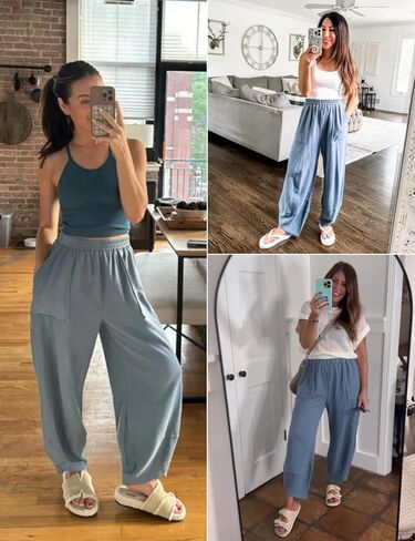 Womens Baggy Pants Casual Elastic Waisted Palazzo Harem Wide Leg Pants with Pockets in Saudi Arabia