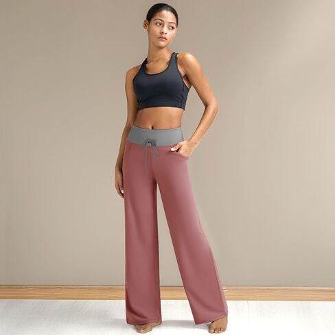 Women's High Waist Pocket Wide Leg Trousers - Comfortable, Loose, Casual for Work, Travel, Workout. in Saudi Arabia