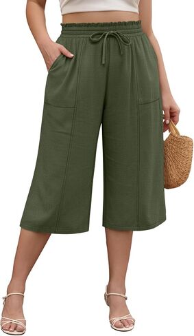Ficerd Women's Plus Size Linen Capris with Pockets Wide Leg Elastic Drawstring High Waisted Beach Casual Loose Cropped Pants in Saudi Arabia