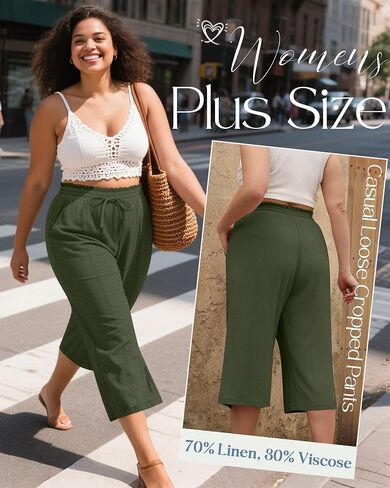 Ficerd Women's Plus Size Linen Capris with Pockets Wide Leg Elastic Drawstring High Waisted Beach Casual Loose Cropped Pants in Saudi Arabia