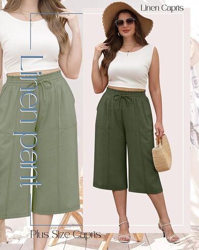 Ficerd Women's Plus Size Linen Capris with Pockets Wide Leg Elastic Drawstring High Waisted Beach Casual Loose Cropped Pants in Saudi Arabia
