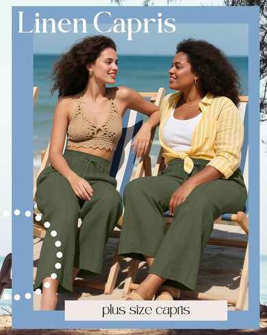 Ficerd Women's Plus Size Linen Capris with Pockets Wide Leg Elastic Drawstring High Waisted Beach Casual Loose Cropped Pants in Saudi Arabia