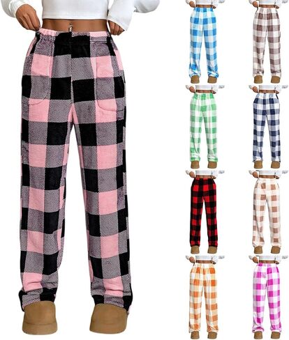 Womens Flannel Pajama Pants Soft Elastic Waist Christmas Plaid Pj Pants Lightweight Comfy Cute Sleepwear with Pockets in Saudi Arabia