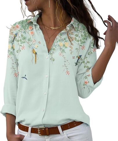 Womens Shirts Fashion Loose 3/4 Sleeve Summer V Neck Button up Color Block Floral Blouse Casual Tops and T Shirts in Saudi Arabia