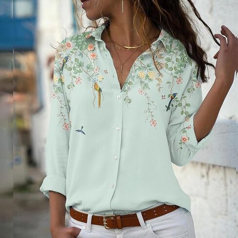 Womens Shirts Fashion Loose 3/4 Sleeve Summer V Neck Button up Color Block Floral Blouse Casual Tops and T Shirts in Saudi Arabia