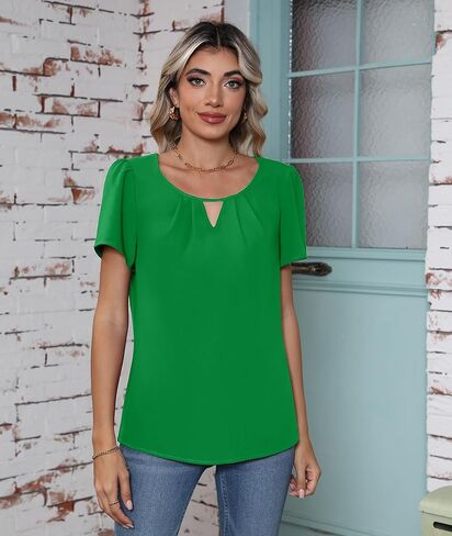 بلوزة نسائية صيفية كاجوال بأكمام قصيرة من CZYINXIAN، قميص علوي من الشيفون برقبة دائرية للعمل in Kuwait