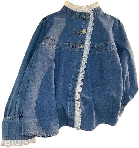 Lace Denim Shirt for Women Vintage Loose Casual Jackets Ruffled Collar Long Sleeve Blouses Women Tops in Saudi Arabia