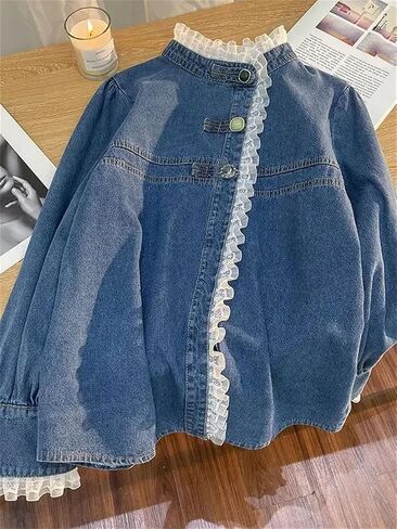 Lace Denim Shirt for Women Vintage Loose Casual Jackets Ruffled Collar Long Sleeve Blouses Women Tops in Saudi Arabia