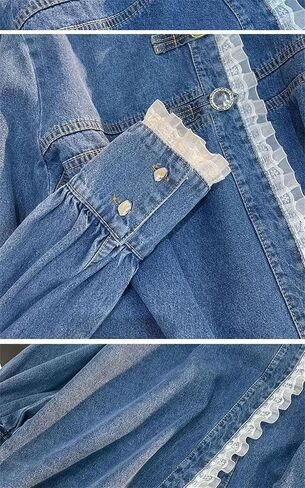 Lace Denim Shirt for Women Vintage Loose Casual Jackets Ruffled Collar Long Sleeve Blouses Women Tops in Saudi Arabia