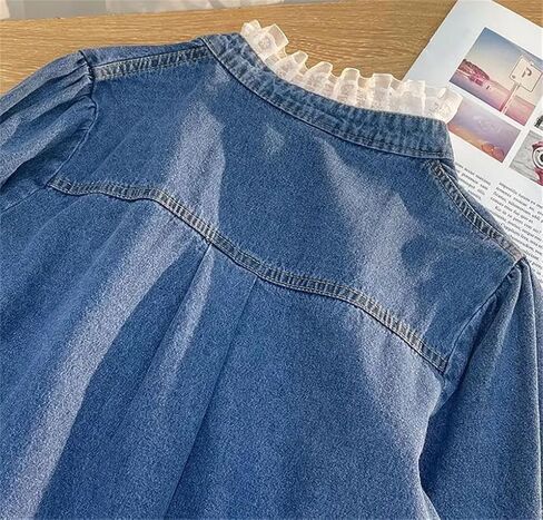 Lace Denim Shirt for Women Vintage Loose Casual Jackets Ruffled Collar Long Sleeve Blouses Women Tops in Saudi Arabia