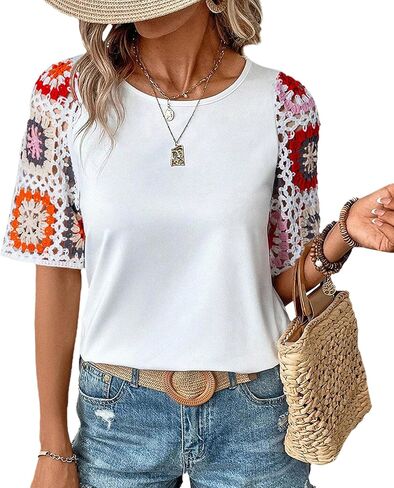 Chvity Crochet Shirts for Women Crewneck Shirt Floral Short Sleeve Casual Pullover Blouse Summer Tops in Saudi Arabia